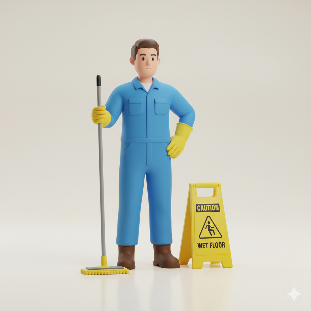 Custodian next to wet floor sign